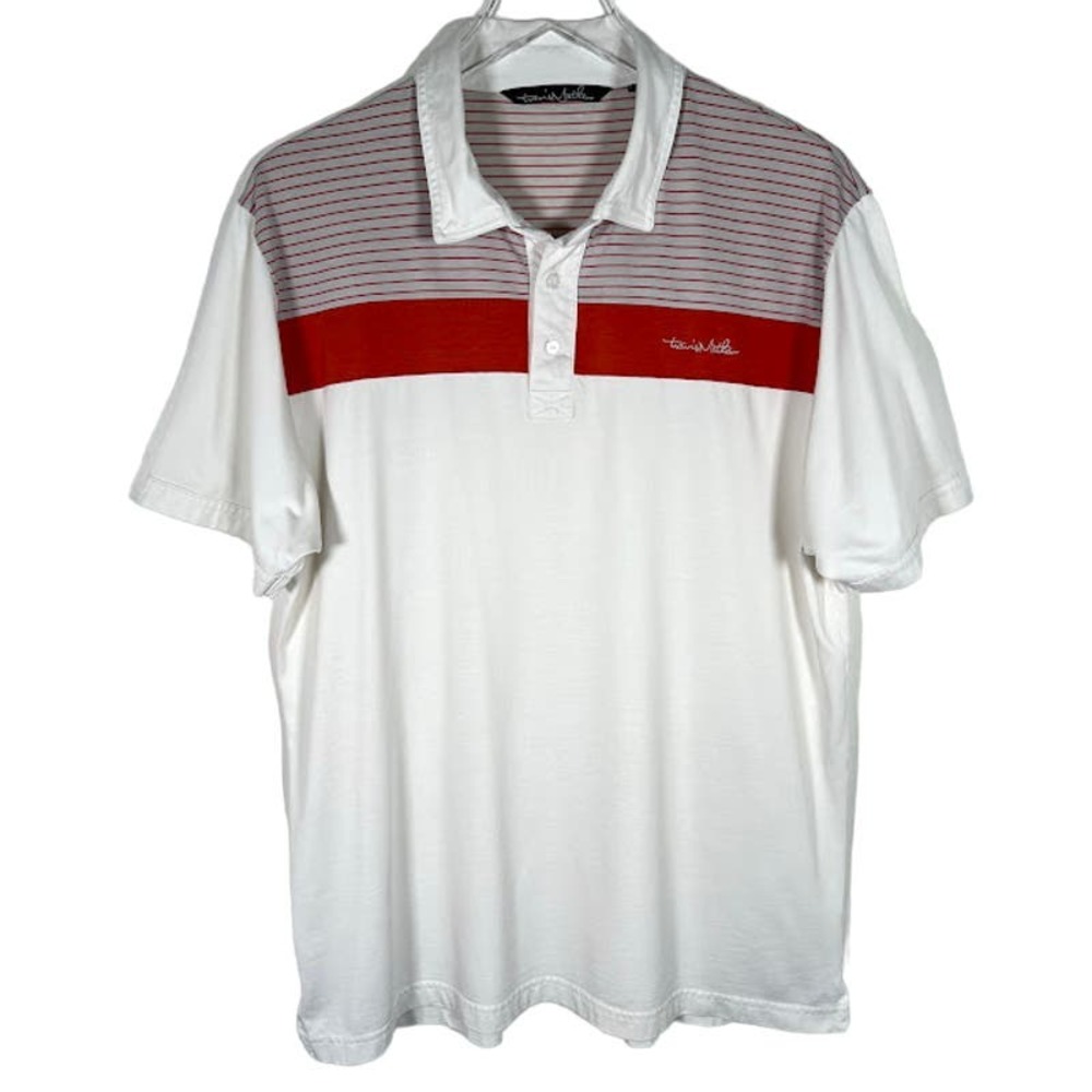 Travis Mathew Performace Polo Shirt XL Orange Color Block Striped Pima Cotton